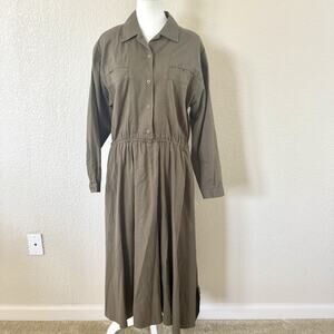 Andrew Harvey Sz 12 Vintage Maxi Dress Olive Green Button Up Long Sleeve Modest